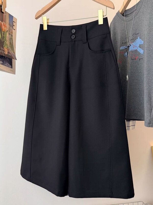 Black high-waisted loose slimming wide-leg straight casual suit pants for women, 2026 spring-summer new stylish cropped pants Black high-waisted loose slimming wide-leg straight casual suit pants for women, 2026 spring-summer new stylish cropped pants