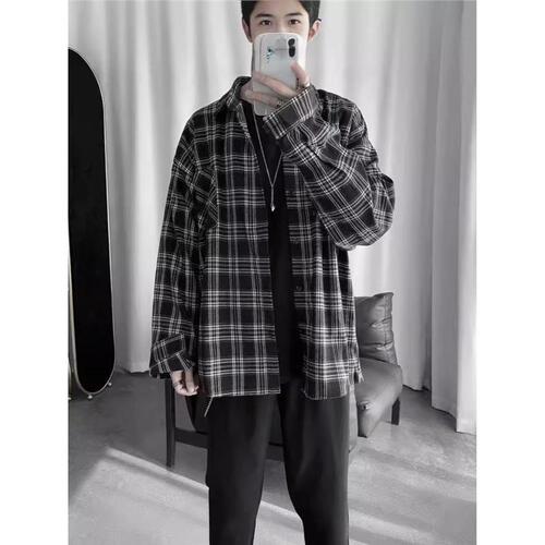 2025 Spring and Autumn Literary Retro Long-Sleeve Shirt for Men, Trendy Loose Hong Kong Style, Cool and Casual Check Shirt Jacket