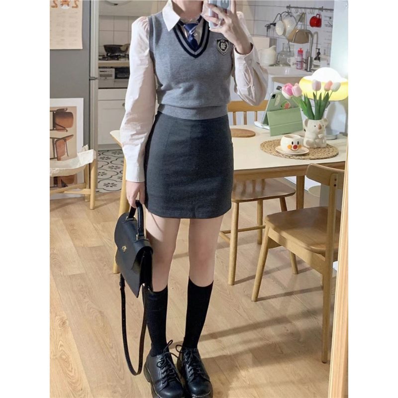 JK制服学院风套装春秋款小个子辣妹纯欲马甲毛衣长袖衬衫两件套|undefined