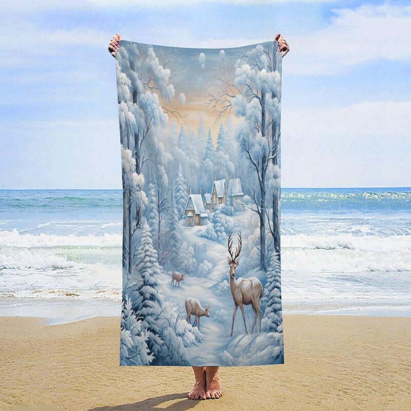 Snow Forest Frost Pictures Christmas Tree Deer Hill House Beach Towel Summer Microfiber Bath Towel Thin Sand-free Towel