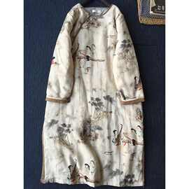 秋冬新中式文艺复古立领斜襟盘扣单层显瘦棉麻改良旗袍连衣裙过膝