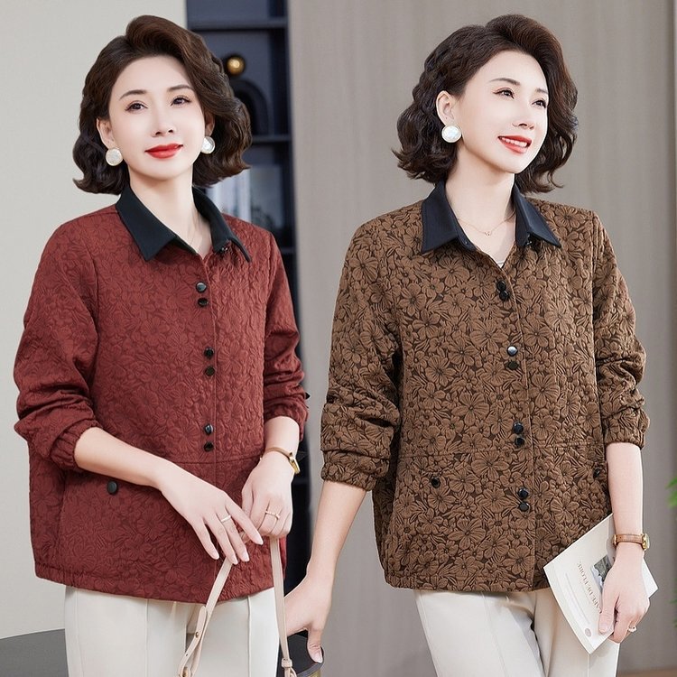 Middle-Aged Mom's Spring Outfit 2025 New Stylish Jacket Fashion Middle-Aged Women's Spring and Autumn Collared Top for 50-Year-Olds