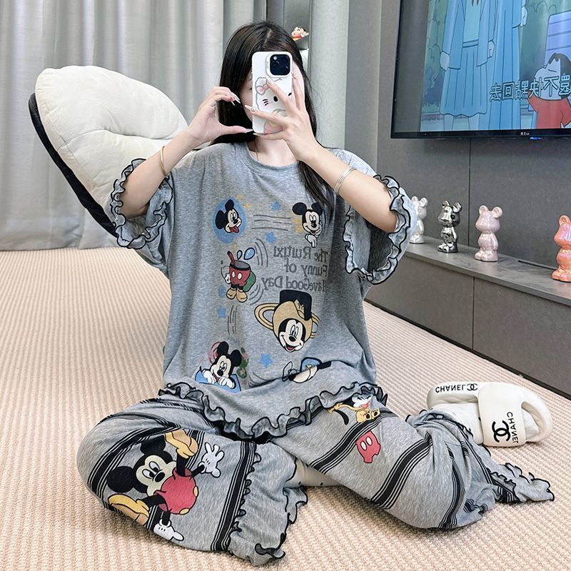 2025 新しい夏のモーダルパジャマ女性の半袖ズボンスーツ漫画ルーズ夏は家の服の外で着用できます|undefined