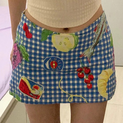 欧美甜美少女夏日水果格纹印花半裙新款跨境修身显瘦可爱包臀裙
