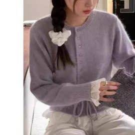 韩系拼接蕾丝边毛衣女2025春季新款收腰细带小个子上衣针织开衫