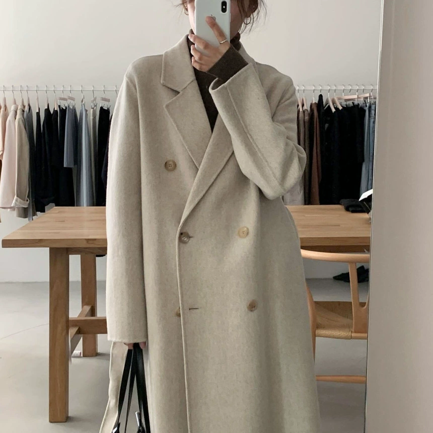 Retro Classic Long Woolen Coat – Korean Style, timeless silhouette, available in Off White or Coffee, Average code