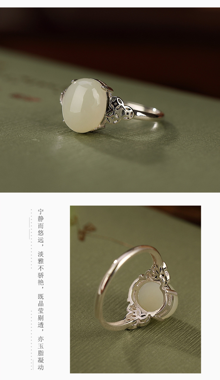 Nhẫn bạc S925 đính ngọc bích thiên nhiên hình trứng nhỏ, mặt bóng đơn giản — Mở một size chi tiết 5