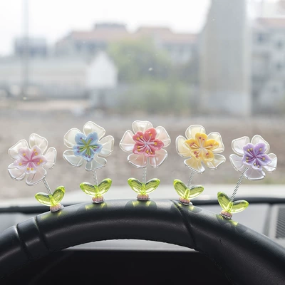Car dashboard spring ornament, fun car decoration with cherry blossom design, healing-style flower car bobblehead ornament (Car ornaments) - 5-piece-peach-blossom-ornament-set