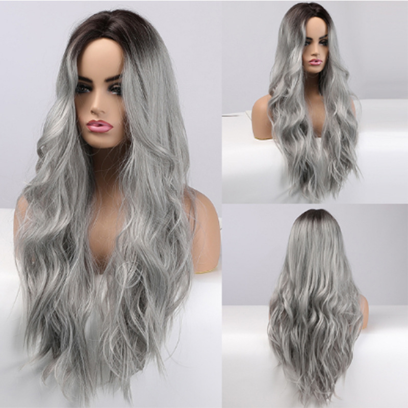 Cheveux synthétiques synthétiques, cheveux synthétiques teints en noir, couleur mixte, grande vague, cheveux bouclés minces féminins, bandeau mi-fendu pour femmes_voghion.com