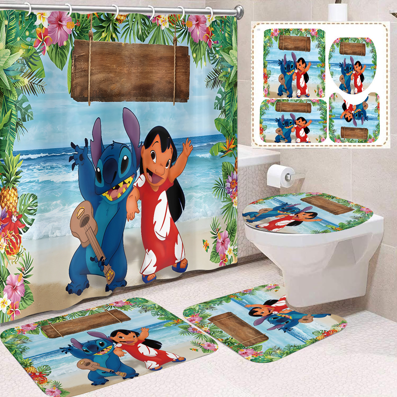 Venta directa de fábrica lindo baño de dibujos animados de cuatro piezas cortina de ducha impermeable cortina de ducha sin perforación cortina de partición de baño de baño