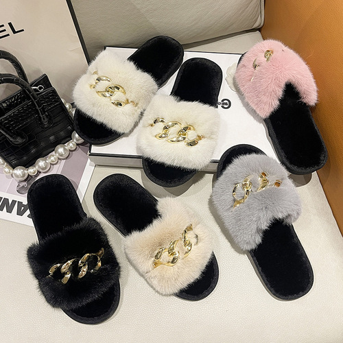 Foreign trade autumn and winter new metal chain fur slippers women's fashion warm large fur flat heel slippers cross-border