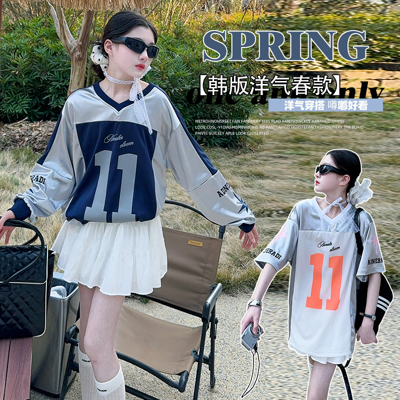 2025 New Girls Spring and Summer Printed Loose Short-sleeved T-shirt White High Waist Slimming Pleated Skirt suit Trendy