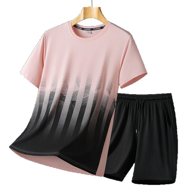 Gran tamaño de verano traje deportivo casual hombre suelto hielo mangas cortas camiseta de hombre pantalones cortos de moda guapo conjunto de dos piezas