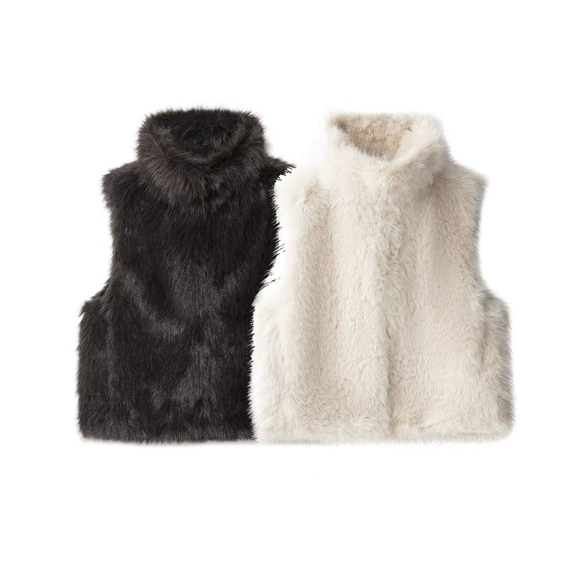 Women's Stand Collar Sleeveless Artificial Fur Solid Color Zipper Vest Warm Vest Autumn and Winter Casual New European and American Cross-Border Women's Stand Collar Sleeveless Artificial Fur Solid Color Zipper Vest Warm Vest Autumn and Winter Casual New European and American Cross-Border