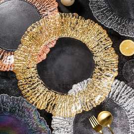 外贸货源charger plate 不规则金色玻璃盘婚礼酒店派对垫盘批发