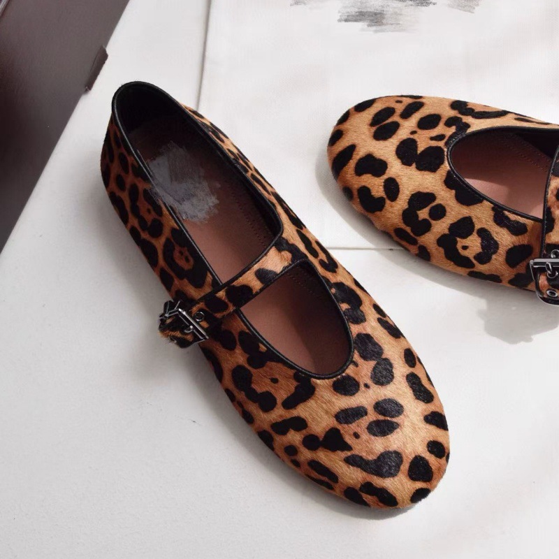 原厂货 豹纹玛丽珍鞋小众新款真皮马毛扣带乐福鞋平底芭蕾舞单鞋