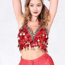 新款肚皮舞文胸上衣肚皮舞上装文胸彩钻文胸铜锣片吊币胸衣女