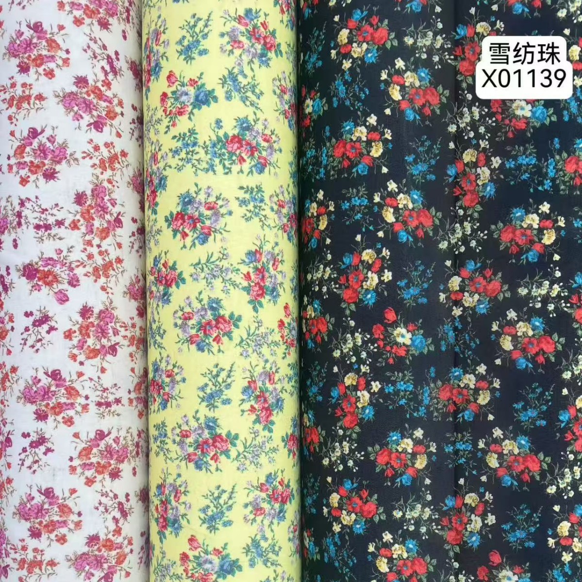 Pequeña fresca pastoral flor de poliéster tela de impresión al por mayor chiffon tela de perlas cuatro lados tela de ropa de vestido image 4