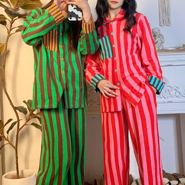 韩国情侣款德绒睡衣秋冬季男女生撞色条纹大码宽松家居服套装外穿