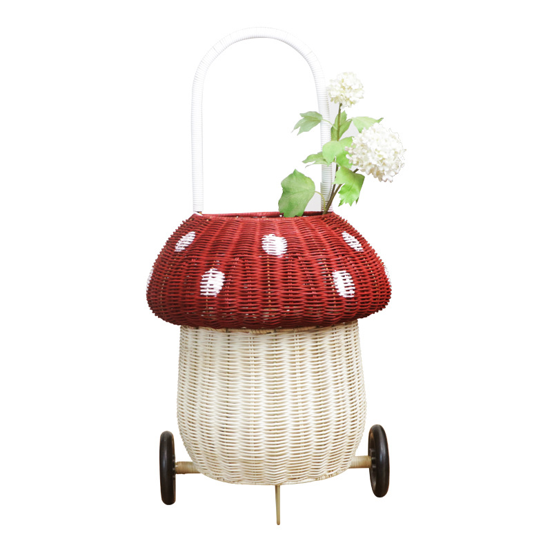 Juguetes para niños, juguetes de peluche de caña naturales, cestas de almacenamiento de hongos, niños, carro de varilla al aire libre