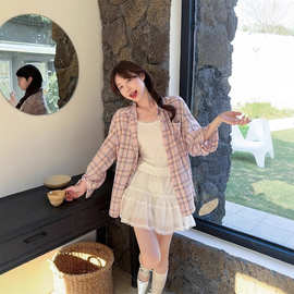 韩版休闲粉格衬衫女2025春夏新款设计感小众翻领长袖上衣外穿