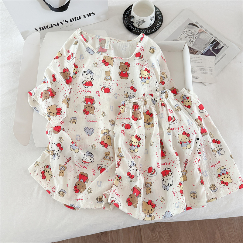 Transfronterizo al por mayor pijamas de algodón nubes de dibujos animados ropa de casa de mujer chaqueta manga corta pantalones cortos set set de cuello redondo set de dos piezas