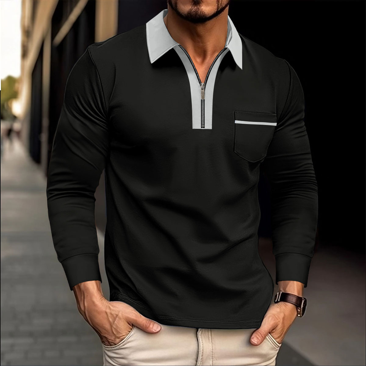 Nuevo nuevo transfronterizo Europa y América Amazon otoño de manga larga hombre bolsillo casual con cremallera casual polo image 11
