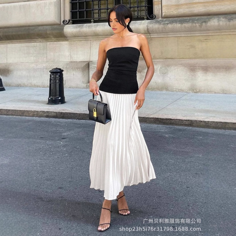 European and American New Black and White Contrast Color Pleated dress Fresh and Elegant Tight Waist Slimming Tube Top Amazon Women's Dress