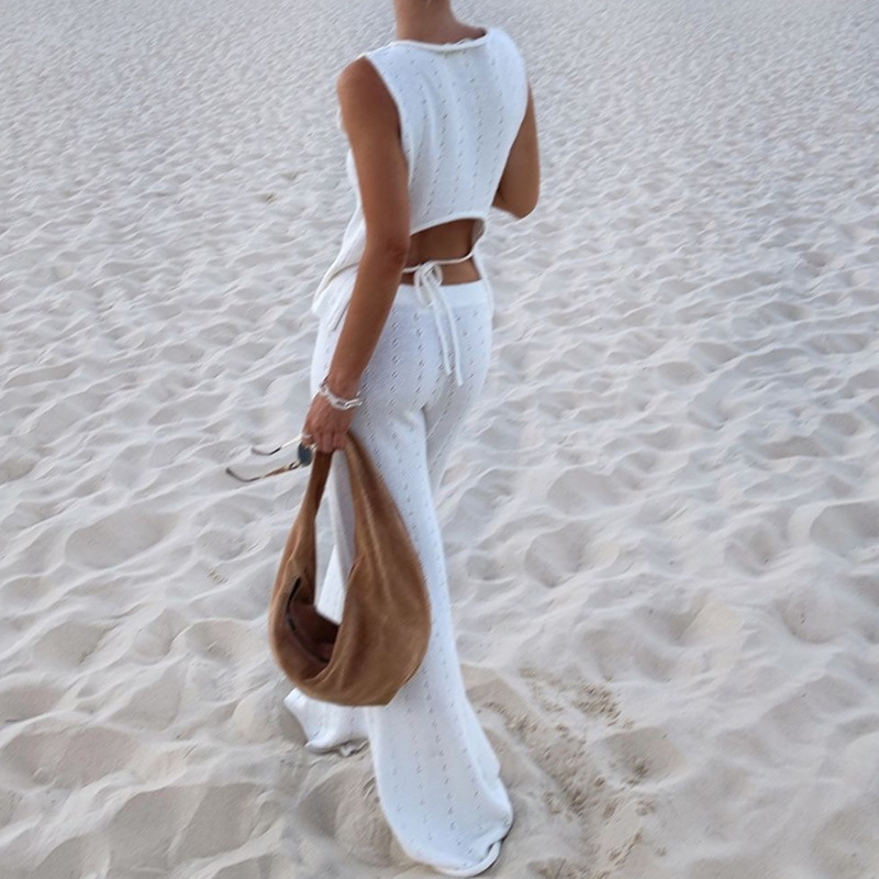Ärmellose Weste und lange Hose im lässigen Stil für Frühling und Sommer, Strand-Look, gestrickt, geprägt, elegant – Set für Damen (2025)_voghion.com