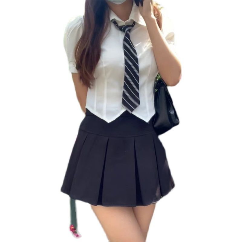 화이트 JK 셔츠 반팔 여성 일본 대학 스타일 JK 유니폼 넥타이 순수한 욕망 스타일 버블 소매 반바지 셔츠