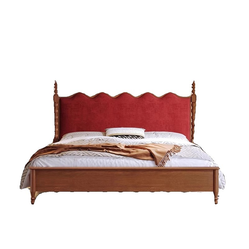 Cama doble de madera maciza de 1.8m estilo retrógrado negro americano pequeño estilo francés medieval cama principal cama de matrimonio cama individual de paquete blando