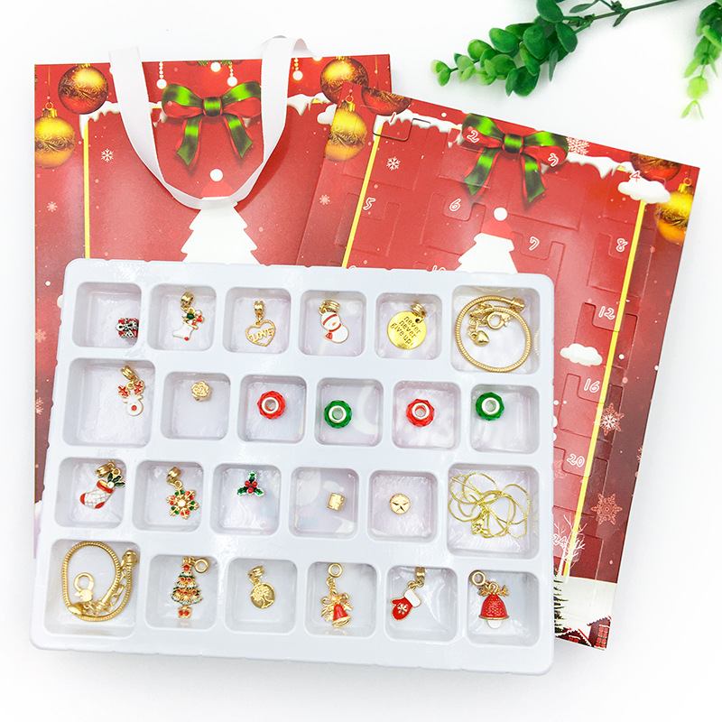 Rojo oro/plata Navidad 24 cuenta regresiva calendario ciego caja DIY dibujos animados niños regalo pulsera traje