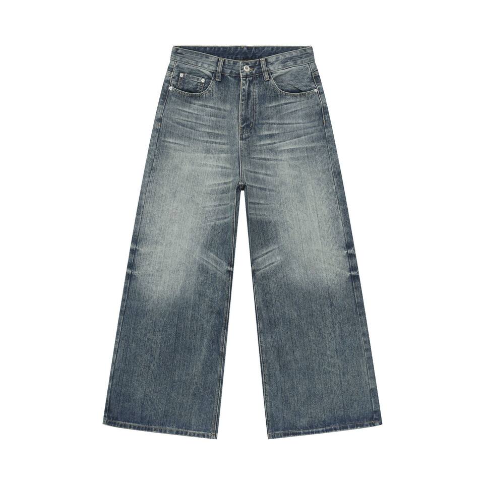 Quần jeans nam dáng chữ A ống rộng phong cách retro, râu mèo nổi, lưng vừa, dài ống suông — Màu xanh dương