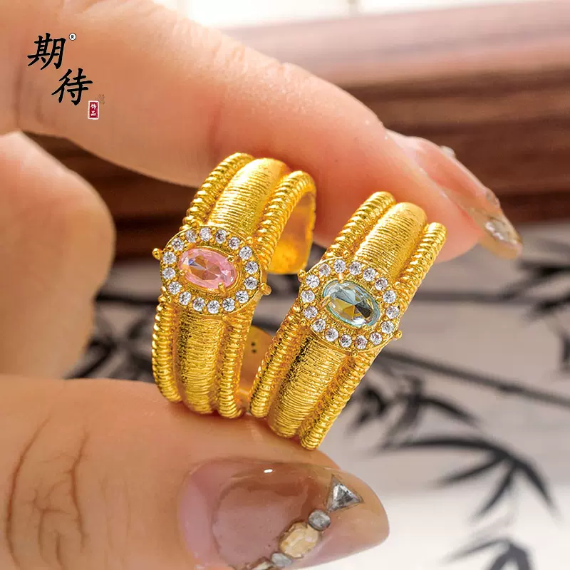 司凤同款中古镶钻拉丝鸽子蛋戒指新中式宽版宫廷风气质指环戒指女