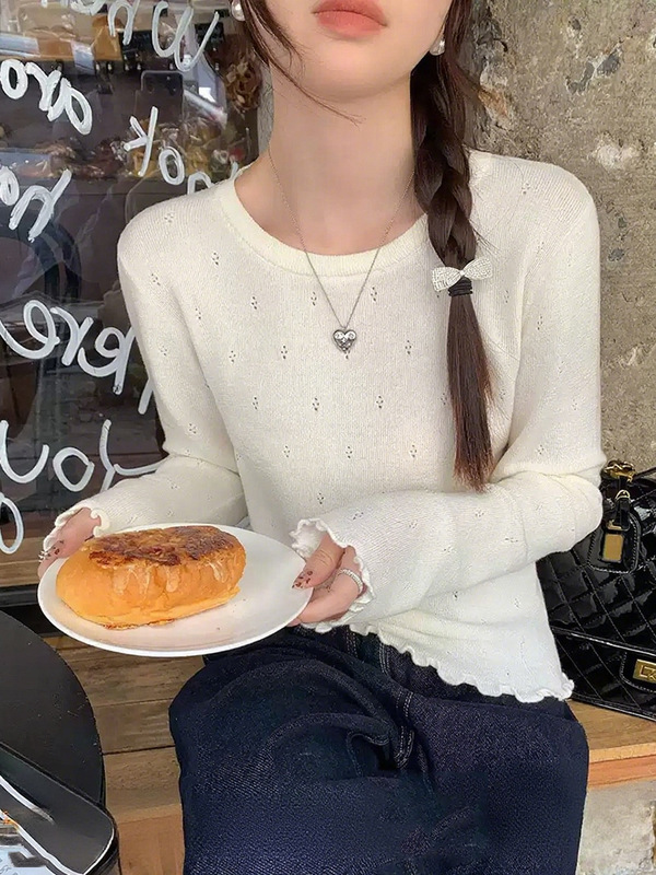 复古小众设计感木耳边打底衫女秋冬季修身显瘦针织衫圆领百搭上衣|undefined