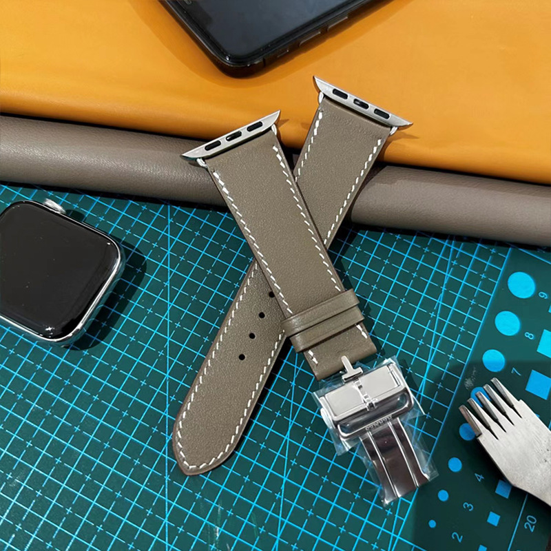 Suitable for Apple Genuine Leather Strap Foldableing Buckle Applewatch8 Wristband Series Men's and Women's Ultra New Strap