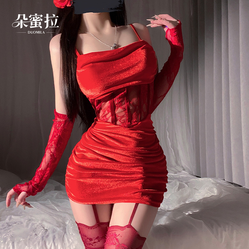 Dormila Red Christmas Sexy Intimates Sexy Pure Lust Sexy Clothes Velvet Pajamas Uniform Suit Qqny