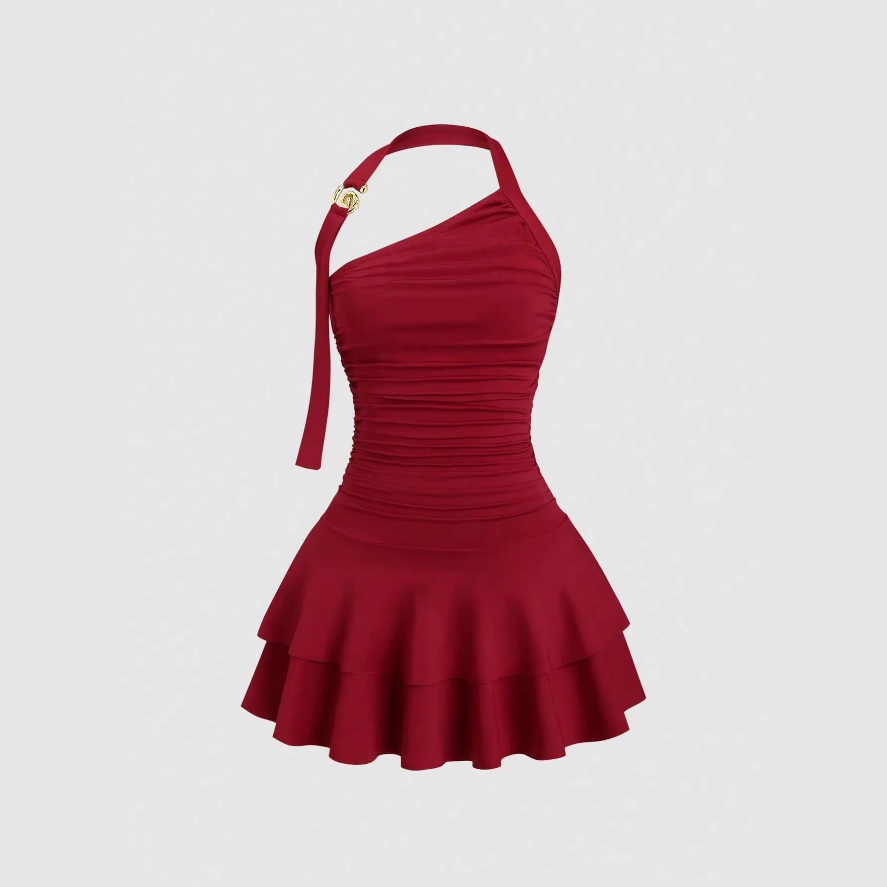Women's Clothing Solid Color Off-Shoulder Dress Fashion One Shoulder Halter Neck Slimming Waist Pleated Skirt Sexy Versatile_ecoleips.com