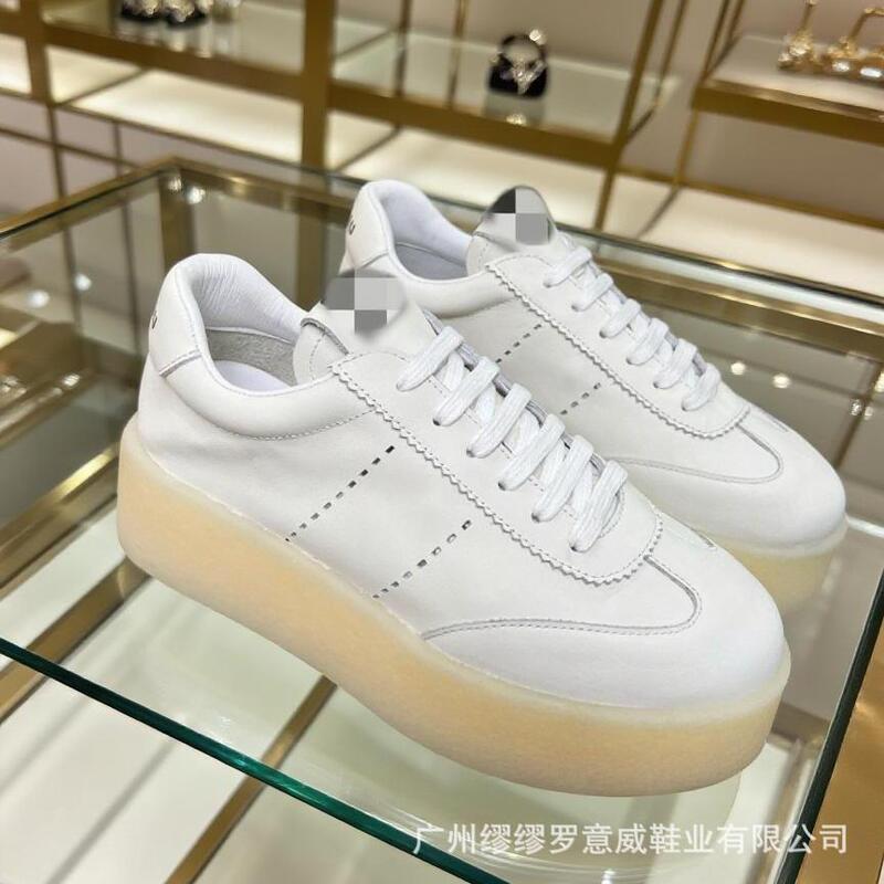 Miu's New Thick-Soled Height-Increasing White Shoes, Retro and Distressed, German Training Women's Shoes, Genuine Leather Round-Toe Lace-Up Casual Sports Shoes