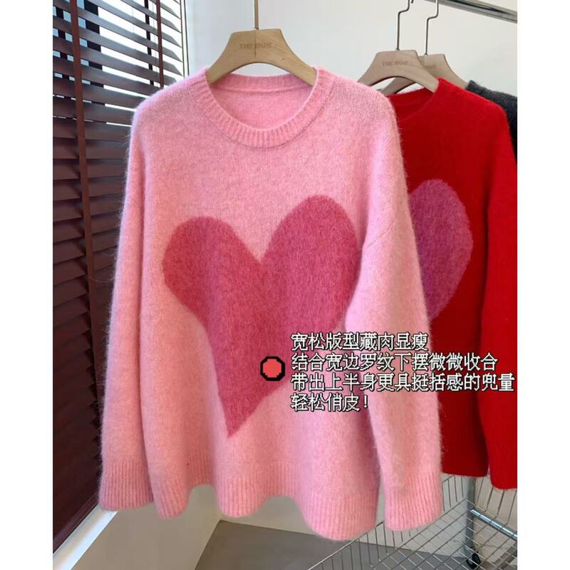 Lazy Style Alpaca Sheep Wool Intarsia Knitting Dyed Round Neck Shoulder Sweater T1220A