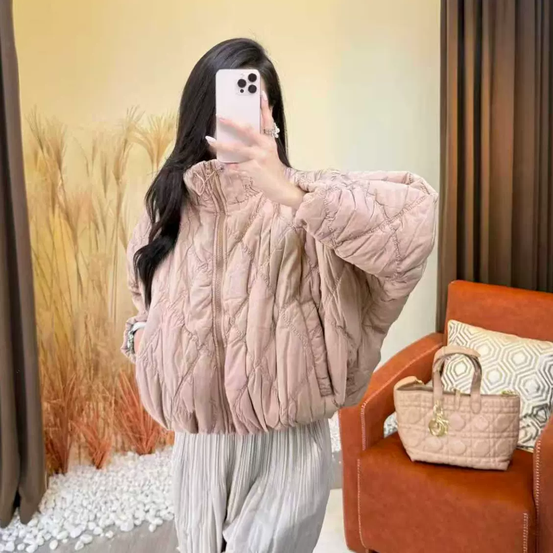 三宅褶皱棉衣女冬季新款蝙蝠袖短款立领棉服外套优雅时尚外套上衣