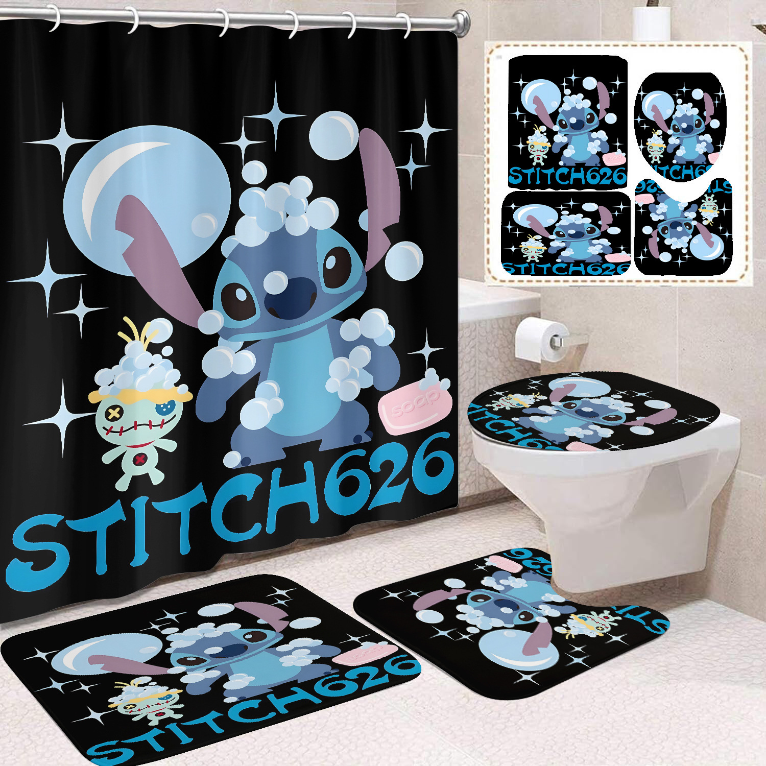 Venta directa de fábrica lindo baño de dibujos animados de cuatro piezas cortina de ducha impermeable cortina de ducha sin perforación cortina de partición de baño de baño