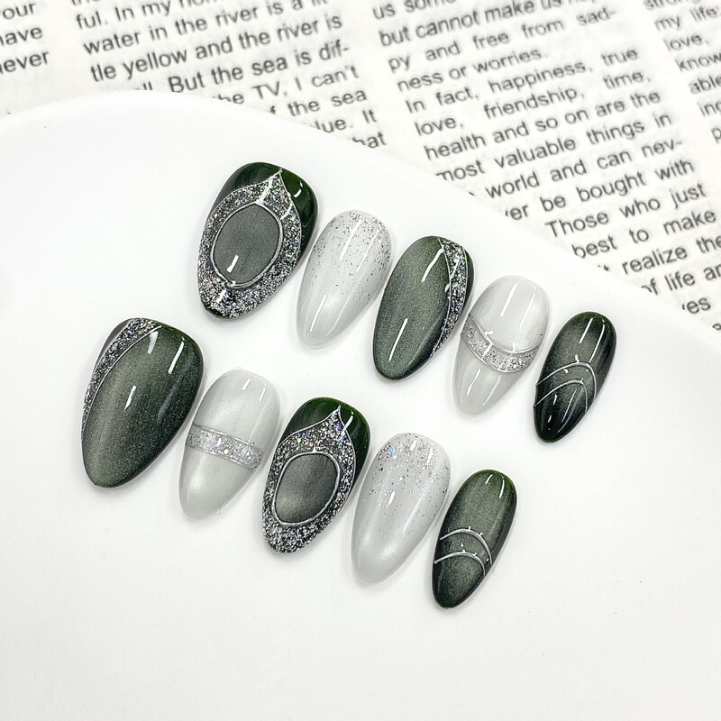 Purely Handmade High-End Luxury Niche Nail Art in Dark Green Cat Eye with Silver Glitter, French Lines, Three-Dimensional Cool Design, Press-On Nails