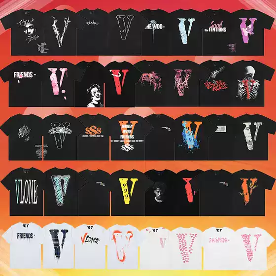 VLONE FOG Trendy Brand Big V Mother Logo Cherry Blossom Short Sleeve Sketch Embroidery Lip Print Graffiti Print T-Shirt