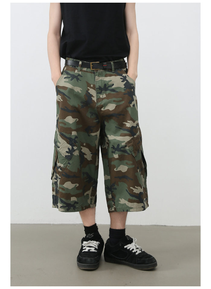 Quần short denim rằn ri nhiều túi ống rộng ống đứng — Rằn ri chi tiết 7