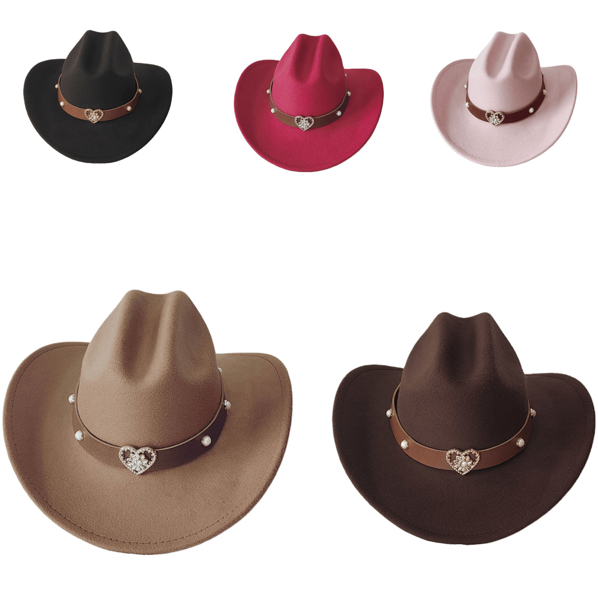 Heart-Shaped Rivet Curved Brim Jazz Hat Cross-Border Decorative Hat Outdoor Riding Western Cowboy Hat Woolen Hat