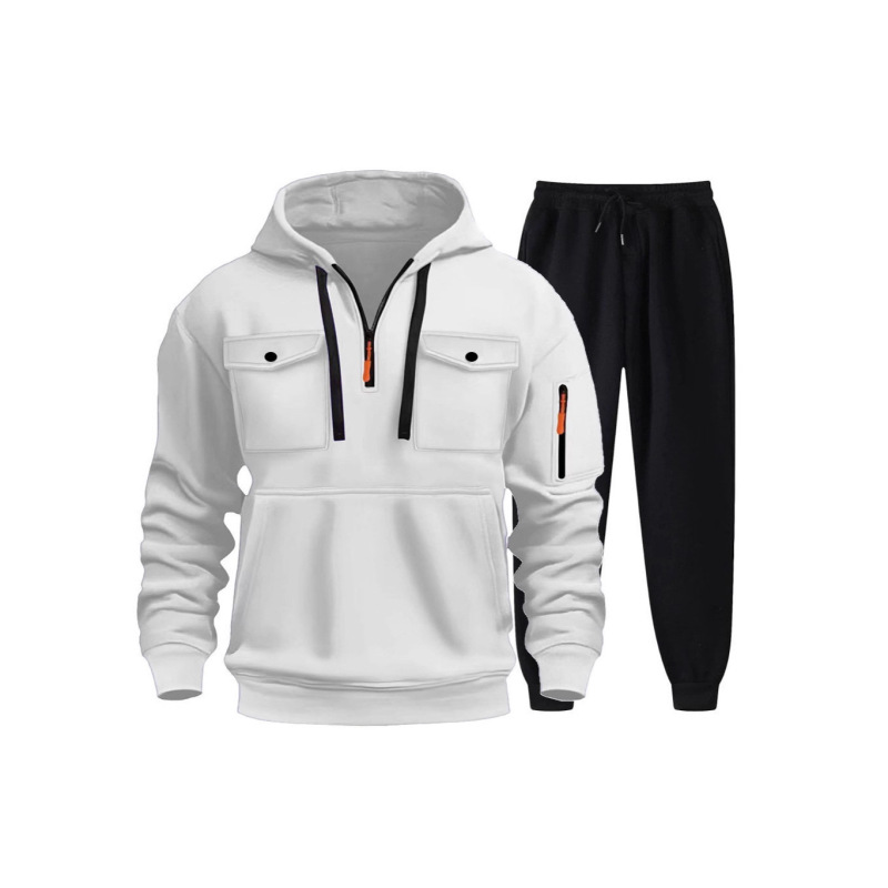 Multi-Pocket Half-Zip Hooded Sweatshirt Set for Men with Color-Blocked Webbing, Loose Fit, Jogger-Style Casual Sportswear, Customizable Logo