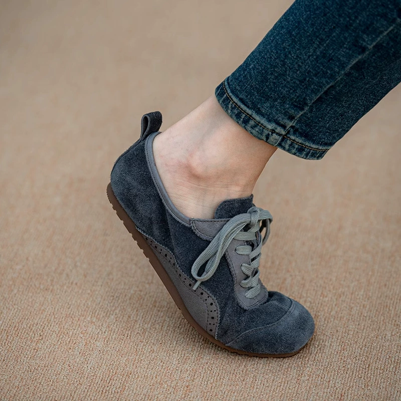 Серая натуральная кожа из воловьей кожи, новинка 2025 года, уличная обувь для морального тренинга, женская повседневная обувь на плоской подошве, женская обувь на плоской подошве из натуральной кожи, какая уродливая женская обувь