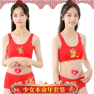 Girls' Red Cotton Vest for Their Zodiac Year, Suitable for 12-Year-Olds Born in the Year of the Horse, Older Children, 13-Year-Old Girls in Their Developmental Period, Bra and Underwear Set