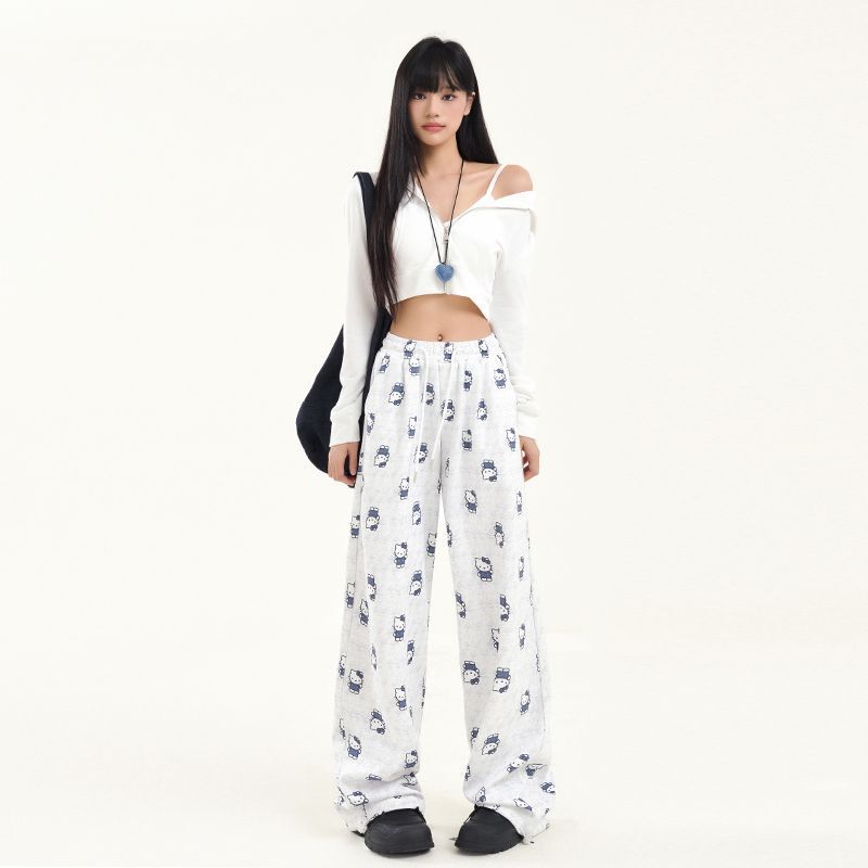 Trendy New Hello Kitty Printed Casual Pants Women's High Waist Loose Dosing Collapsible Straight Leg Pants Relaxed